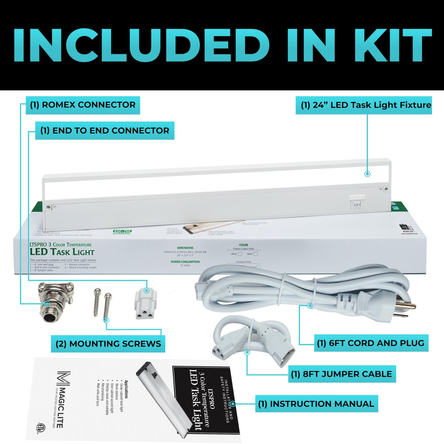 Led Under Cabinet Lighting Hardwired - Linkable Undercabinet Lights For Kitchen - 3Cct 24 Inch White Finish - Undercounter Dimmable Plug In Light Or Hard Wired - Under Counter Fixture Direct Wire