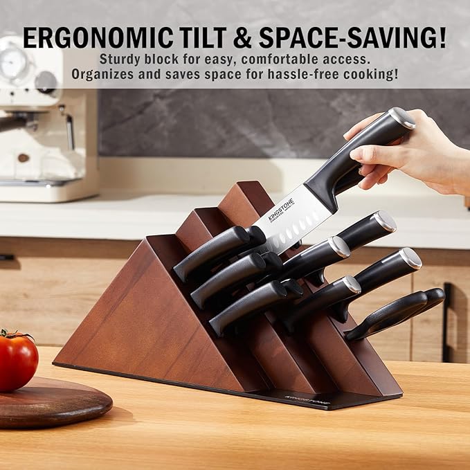 KINGSTONE 14-Piece Knife Block Set, High-Carbon Stainless Steel Knives with Ergonomic Non-Slip Handles, Ultra Sharp & Dishwasher Safe, Walnut