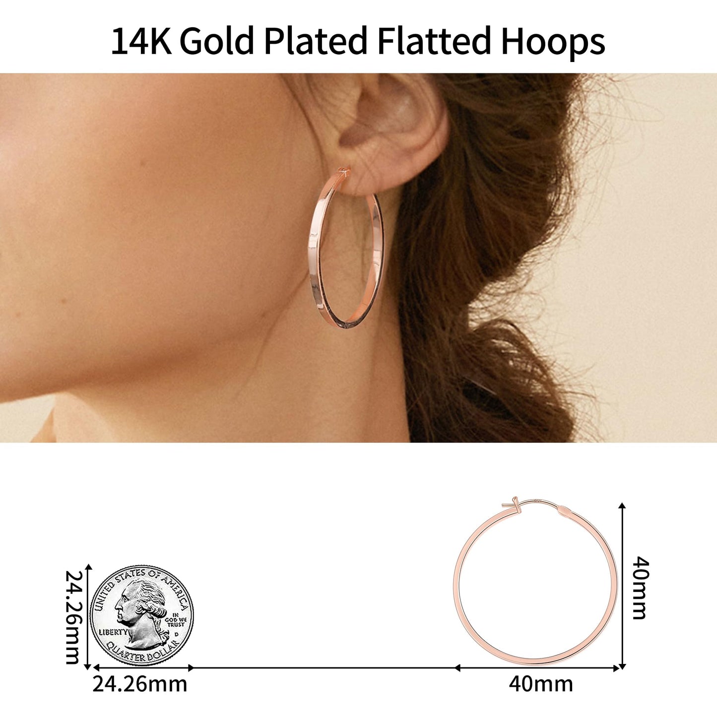 Gacimy Rose Gold Hoop Earrings for Women, 14K Real Rose Gold Plated Flatted Hoops with 925 Sterling Silver Post, 40mm Medium Ear