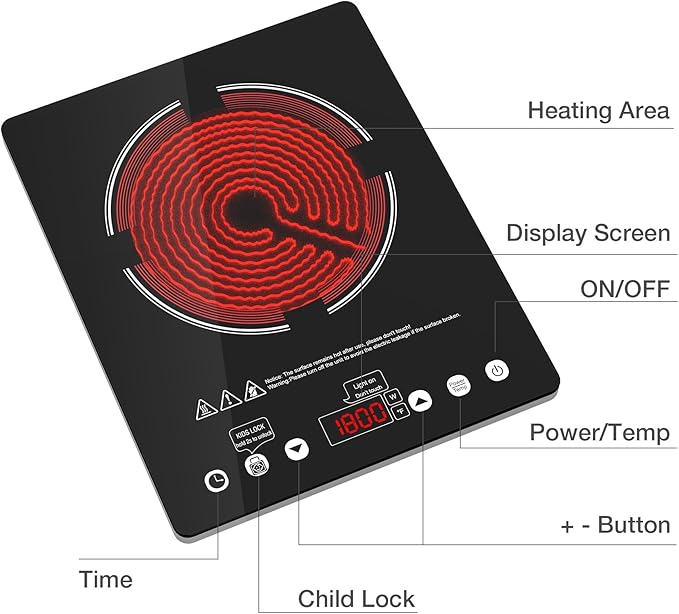 Single Burner Electric Cooktop, 110V-120V Electric Stove Infrared Hot Plate with Touch Control, Child Safety Lock, Timer, 9 Power Level, 1800W Plug in Induction Cooktop Burner for Cooking