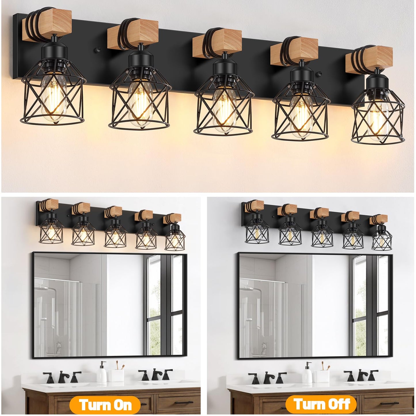 Fadimikoo 5-Light Wooden Black Bathroom Light Fixtures  Rustic Style Vanity Wall Sconces Lighting With Metal Cage  Farmhouse Bathroom Lights Wall Mount For Bedroom  Living Room  Entrance