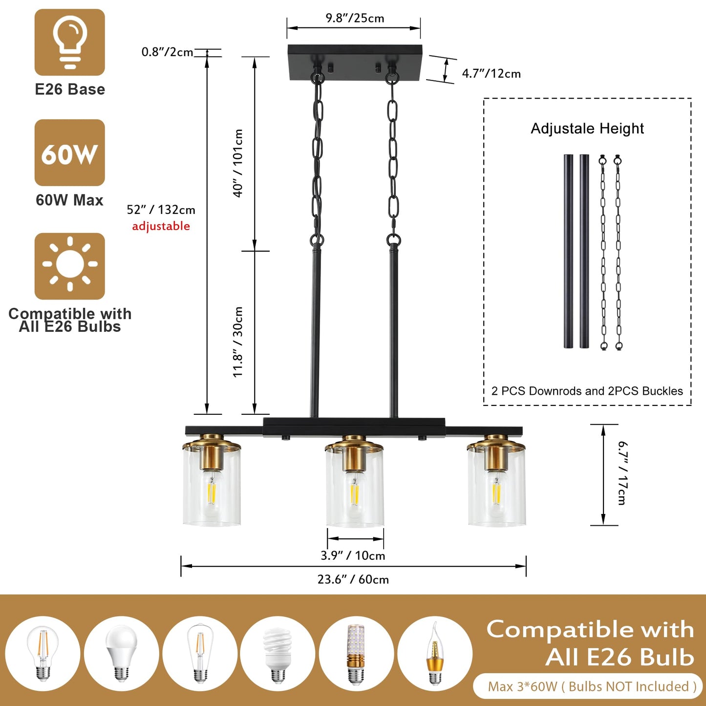 Xvmbvm 3-Light Kitchen Island Lighting Dining Room Lights Modern Farmhouse Chandelier With Clear Glass Shade Modern Rustic Black And Gold Metal Chandelier  Kitchen Pendant Light Fixtures Over Table