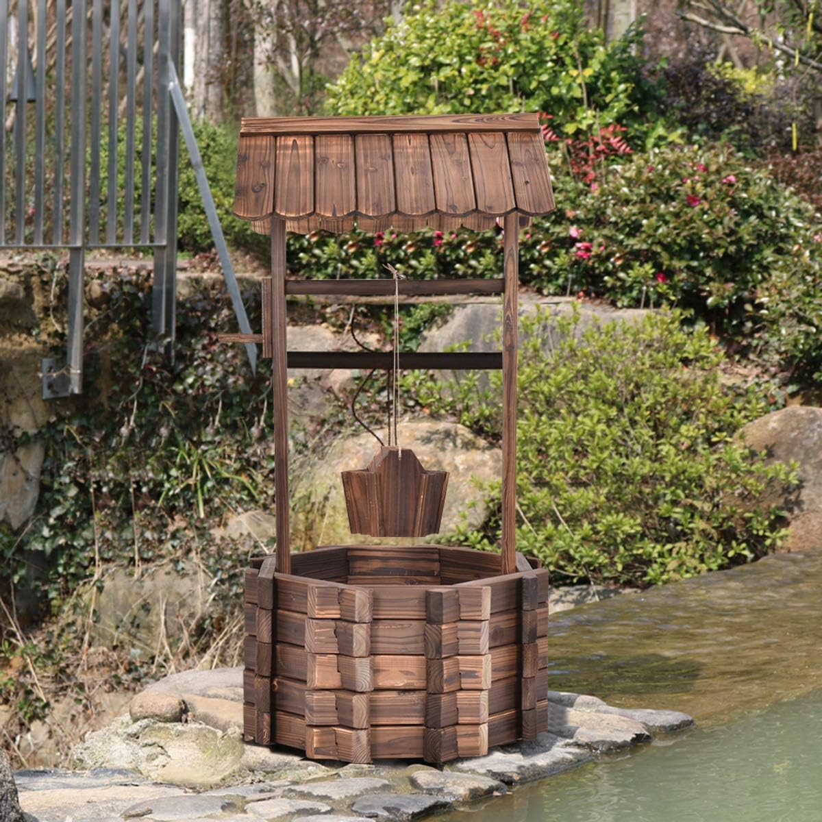 S AFSTAR Wooden Garden Bridge, 5FT Stain Finished Arch Footbridge with Safety Rails for Garden Patio Yard, Outdoor Pond Bridge & Wishing Well Planter Set