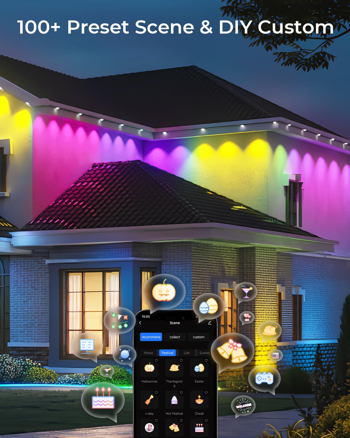 Cinoton Permanent Outdoor Lights Pro 200Ft  Smart Rgbcw Eaves Lights With 120 Leds  Ip67 Waterproof  111 Scene Modes For Daily And Festival  Halloween Christmas Holiday Decor  App/Voice/Remote Control