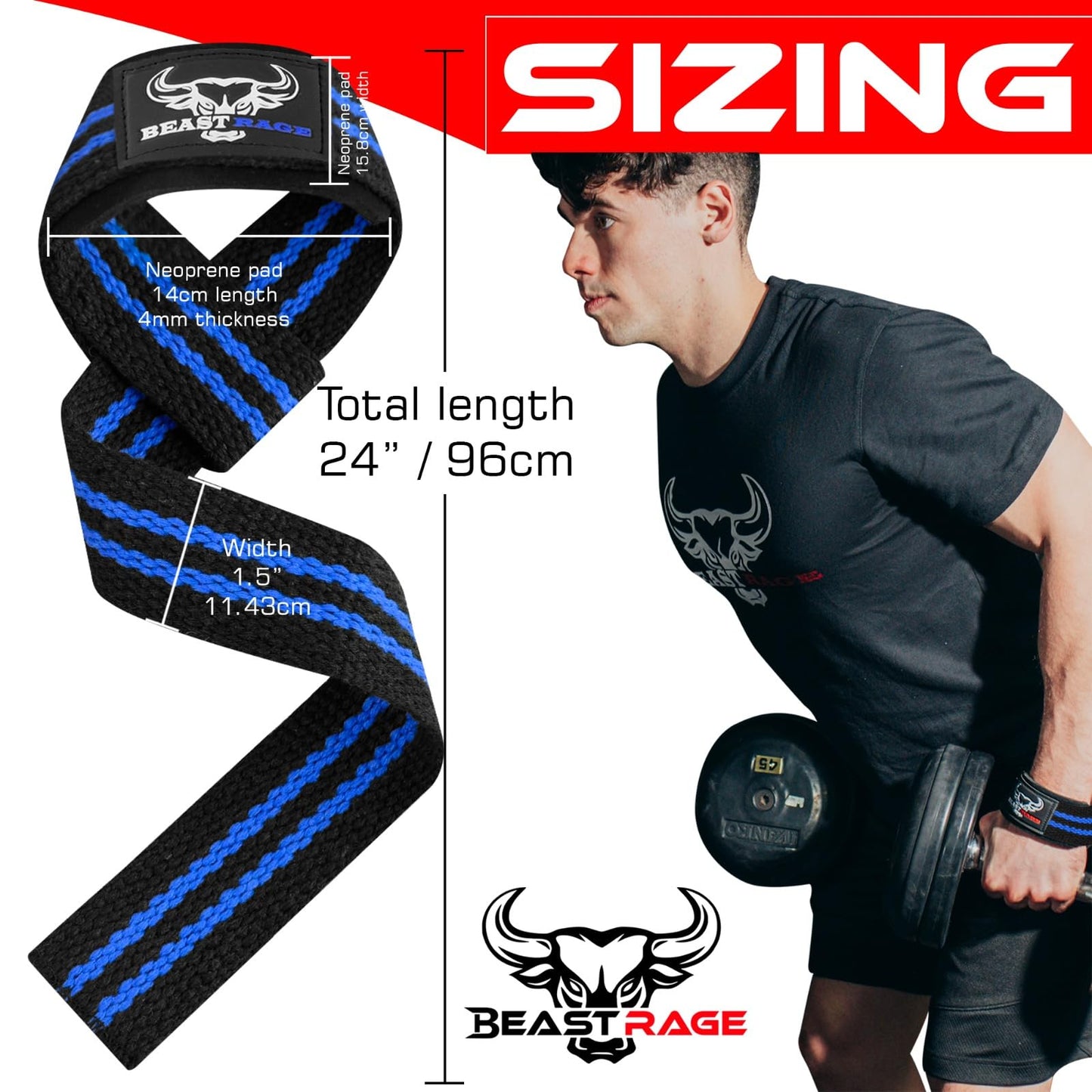 BEAST RAGE Lifting Wrist Straps for Weightlifting, Straps Gym Grip Power Workouts Lifting Straps Padded Cotton Men Women Wrap Lift, Deadlift Bodybuilding Weight Lifting Exercise Straps (Black/blue)