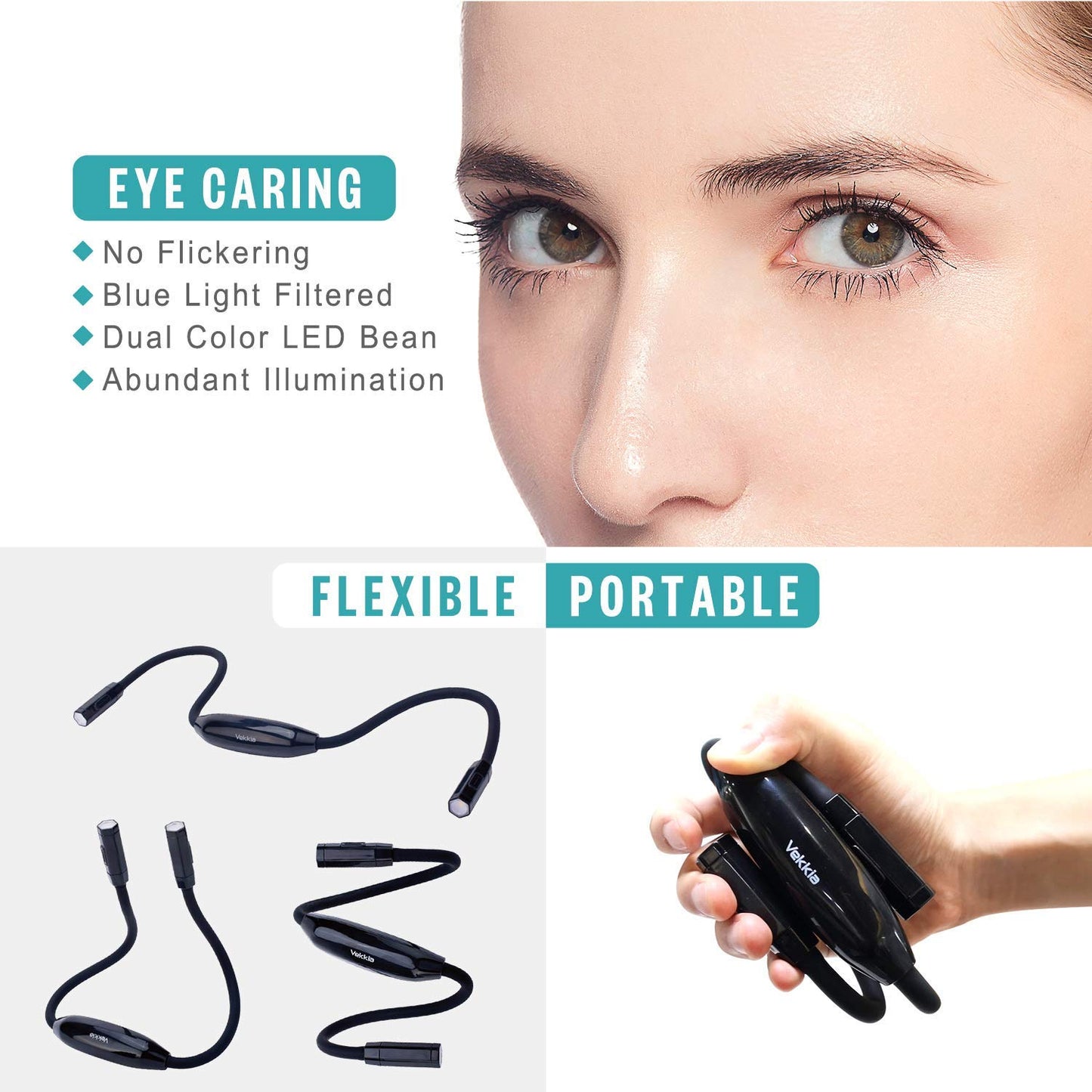 Vekkia Lightweight Neck Reading Light - 9 Brightness Levels, Rechargeable, Portable, Black