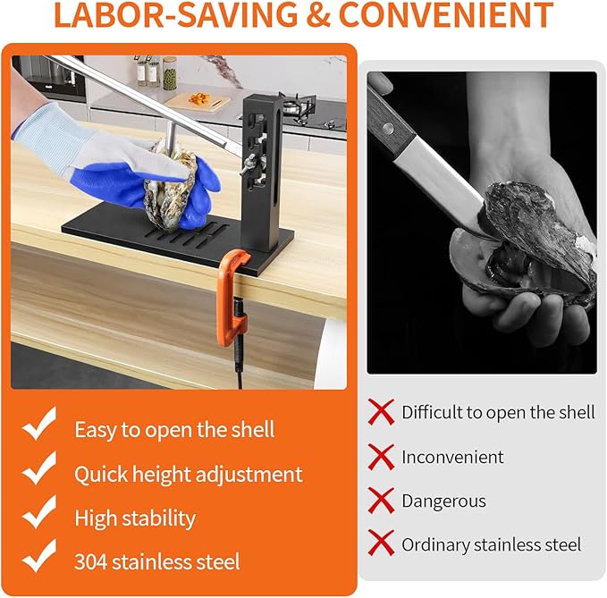 PMMJ Stainless Steel Oyster Clam Opener Machine,Oyster Shucker Tool,Adjustable Oyster Opener Tool,Including Knives, Gloves and G-Clip,Suitable for Seafood Tools for Hotel, Family and Buffet