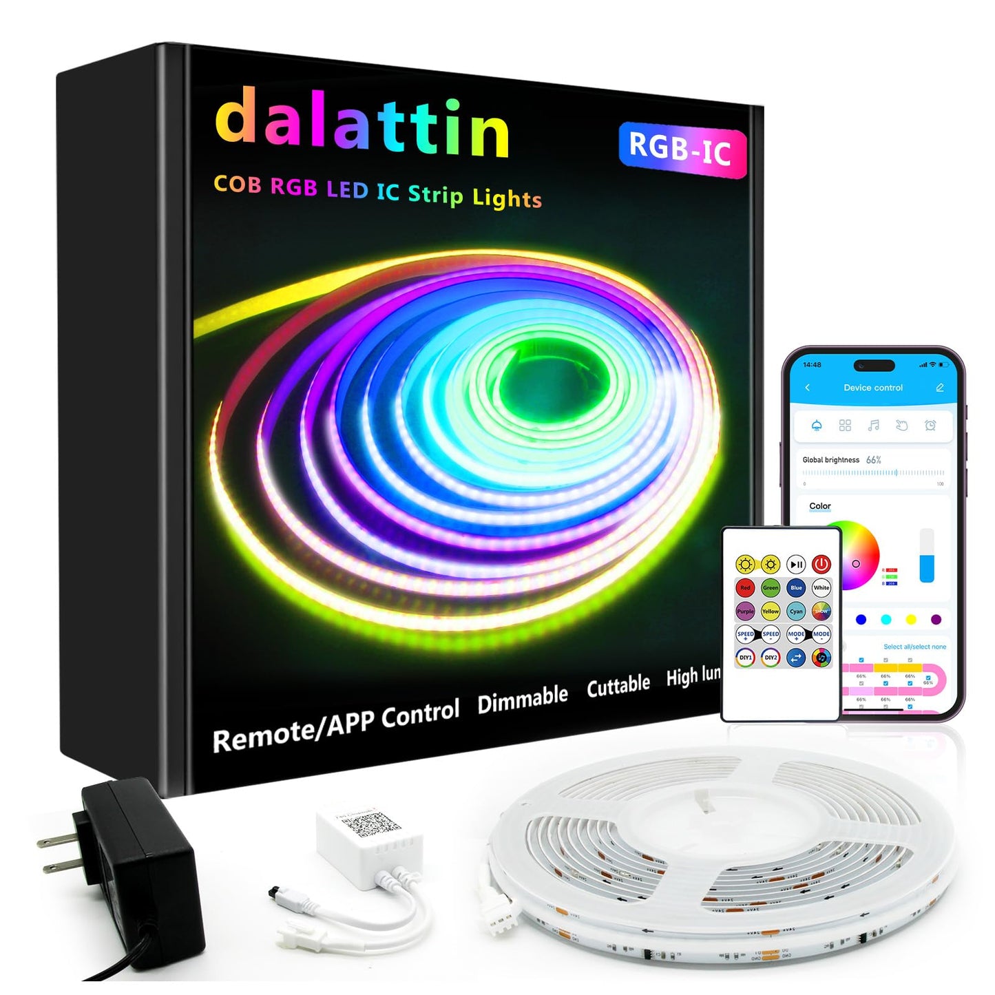 dalattin Smart RGB COB LED Strip Lights, 576 LEDs/m, 16.4ft, Addressable, Remote & App Control
