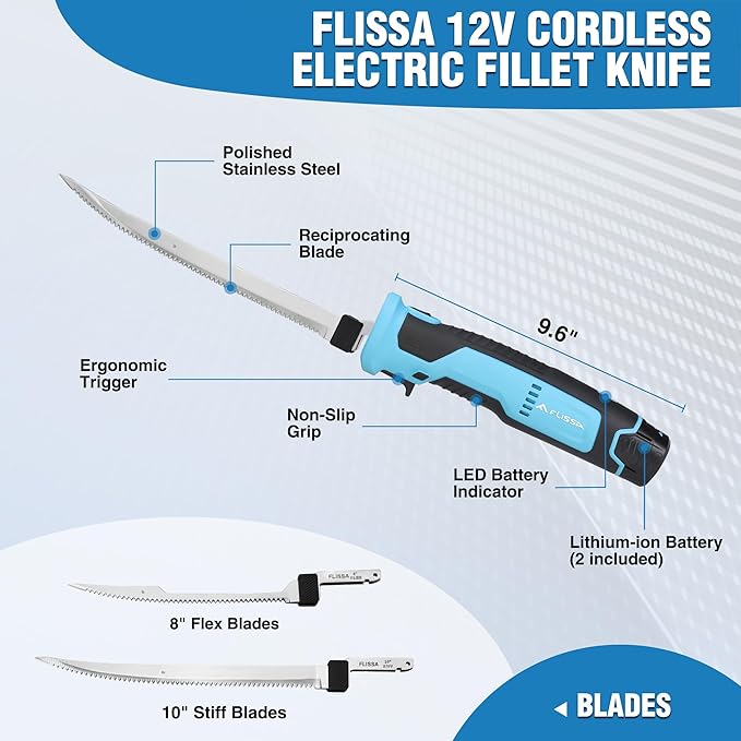 FLISSA Cordless Electric Fillet Knife for Fish with 8" and 10" Stainless Steel Blades, 12V Rechargeable Electric Knife with Non-Slip Handle, 2 Packs Long Lasting Lithium-ion Battery, Portable Carry Case