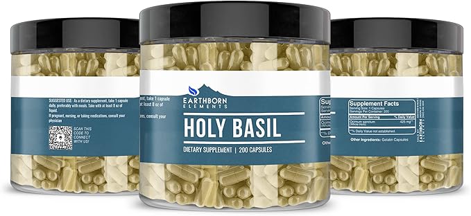 Earthborn Elements Holy Basil 200 Capsules, Pure & Undiluted, No Additives