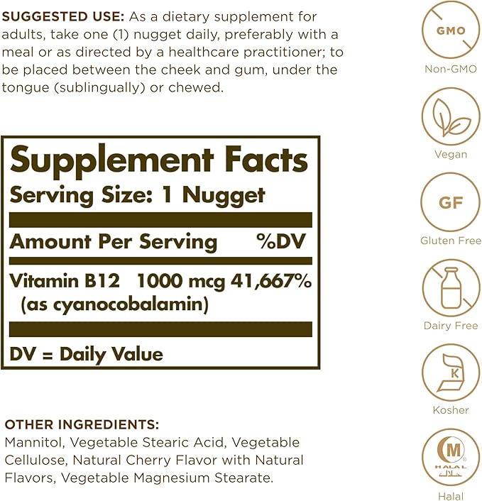 SOLGAR Sublingual Vitamin B12 1000 mcg - 250 Nuggets, Pack of 2 - Non-GMO, Vegan, Gluten Free, Dairy Free, Kosher, Halal - 500 Total Servings