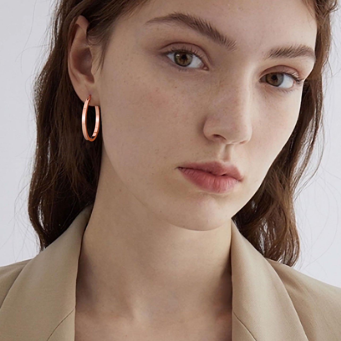 Gacimy Rose Gold Hoop Earrings for Women, 14K Real Rose Gold Plated Flatted Hoops with 925 Sterling Silver Post, 30mm Medium Ear