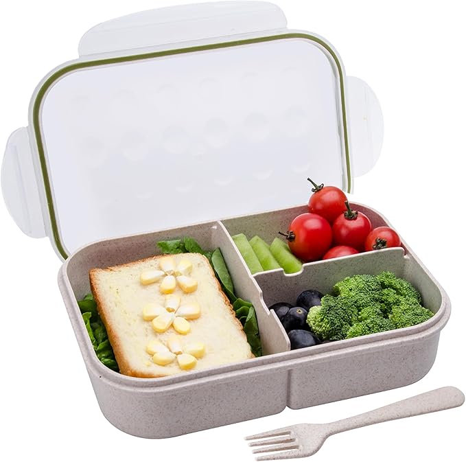 Wheat Straw Bento Box, BPA-Free Lunch Box for Kids & Adults - Leakproof 3-Compartment Lunch Containers with Utensil, Microwave & Dishwasher Safe, 5.5 Cup White