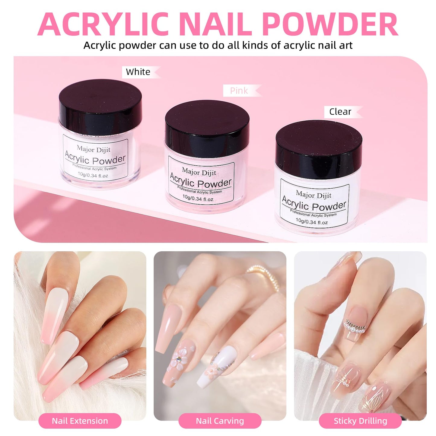 Major Dijit Acrylic Nail Kit with Drill and UV LED Lamp - Starter Set with White Pink Clear Acrylic Powder, 6 Macaron Gel Polish