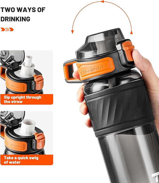 TKK 15oz Sports Water Bottles with Removable Straw Durable BPA Free Tritan Bottles Leak-Proof Water Bottles for School, Fitness, Gym, Outdoor, Black