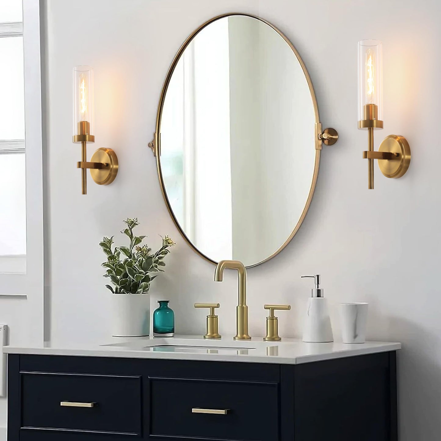 Wall Sconces Set Of Two Brass Gold Bathroom Sconces Wall Lighting With Clear Glass  Modern Sconces Wall Decor Set Of 2 Wall Light Fixtures For Bathroom Mirror Living Room Hallway Bedroom Wall Lamp