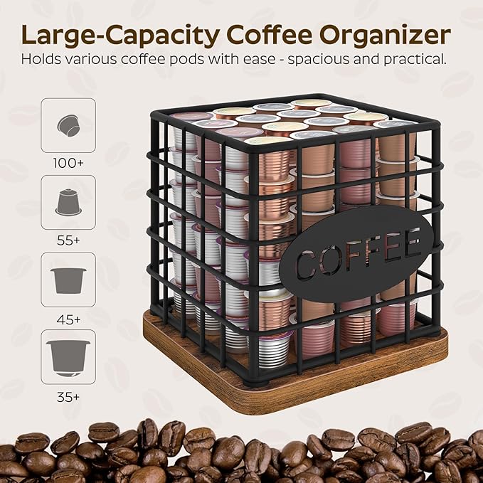 Coffee Pod Holder for K Cup, Large Capacity Coffee Pod Organizer, Versatile Coffee Capsule Storage Basket with Wooden Base, Rustic Brown KH10BR
