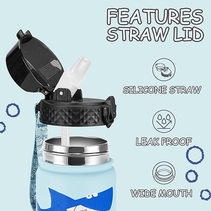 GOPPUS Kids Water Bottle (Straw Lid) - 18 Oz Stainless Steel Travel Bottle, Double Wall Vacuum Leak Proof Kids Cup for School Boys Girls,Iron Shark