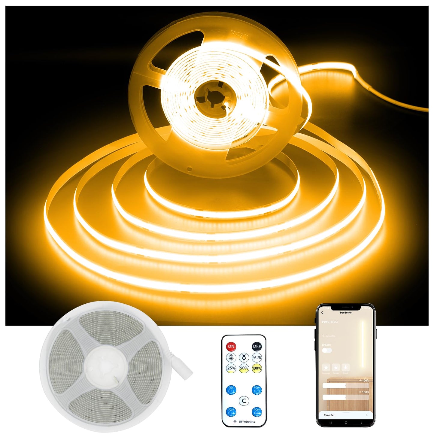 DAYBETTER COB LED Strip Lights, 32.8 ft/10 m 3200 LEDs Bright Warm White LED Light Strips with Remote and App, 3000K Dimmable LED Tape Light, Indoor COB LED Lights for Bedroom DIY Lighting