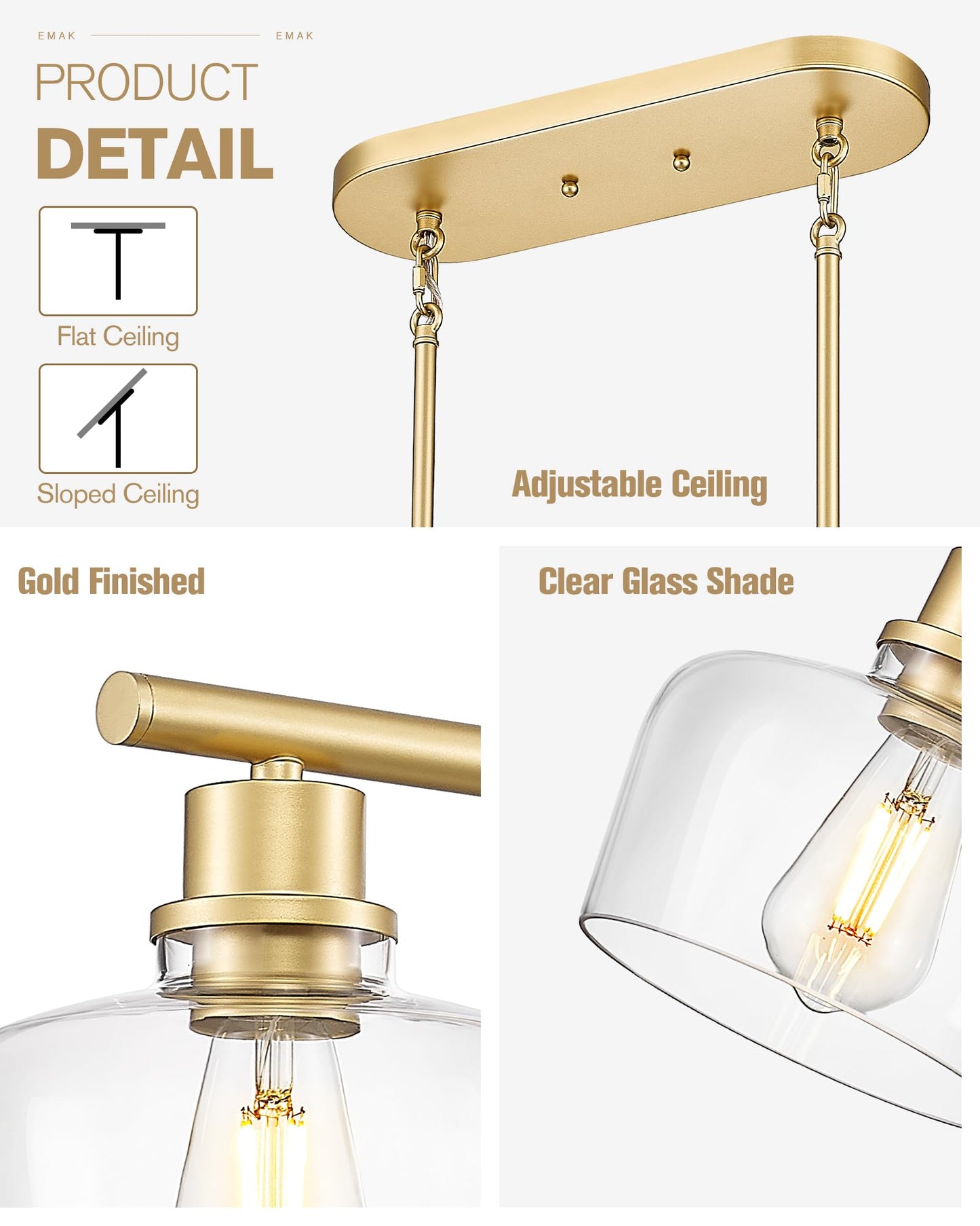 Emak Gold Kitchen Island Lighting  3-Light Dining Room Light Fixtures Over Table With Clear Glass Shade  Modern 32 Inch Island Lights For Kitchen  Dining Room  Bar  Il122-Gd-Cg-3