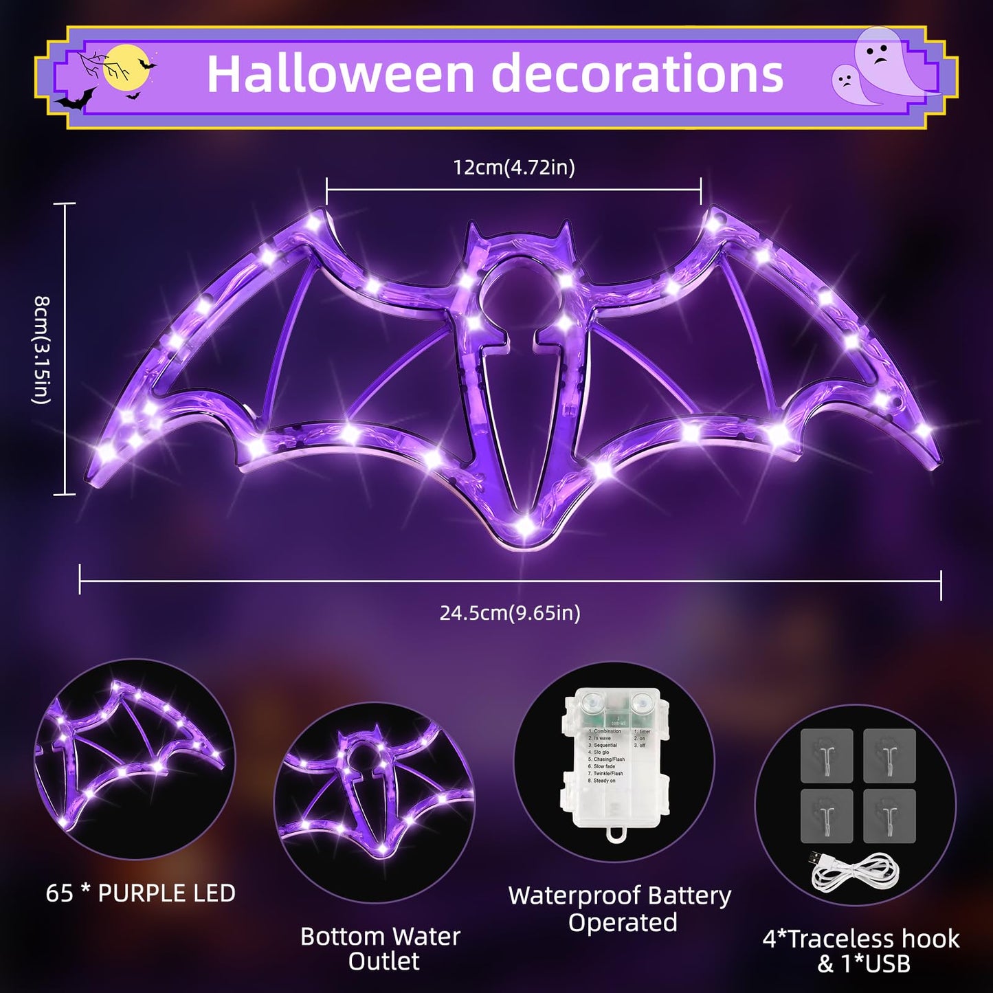 Hopolon Halloween Decorations Lights 2Ft 36Led Halloween Purple Bat Windows Lights Battery/Usb Operated String Light  Ip44 Waterproof  8Mode&Timer For Indoor Outdoor Holiday Home Party Decor(4Hooks)