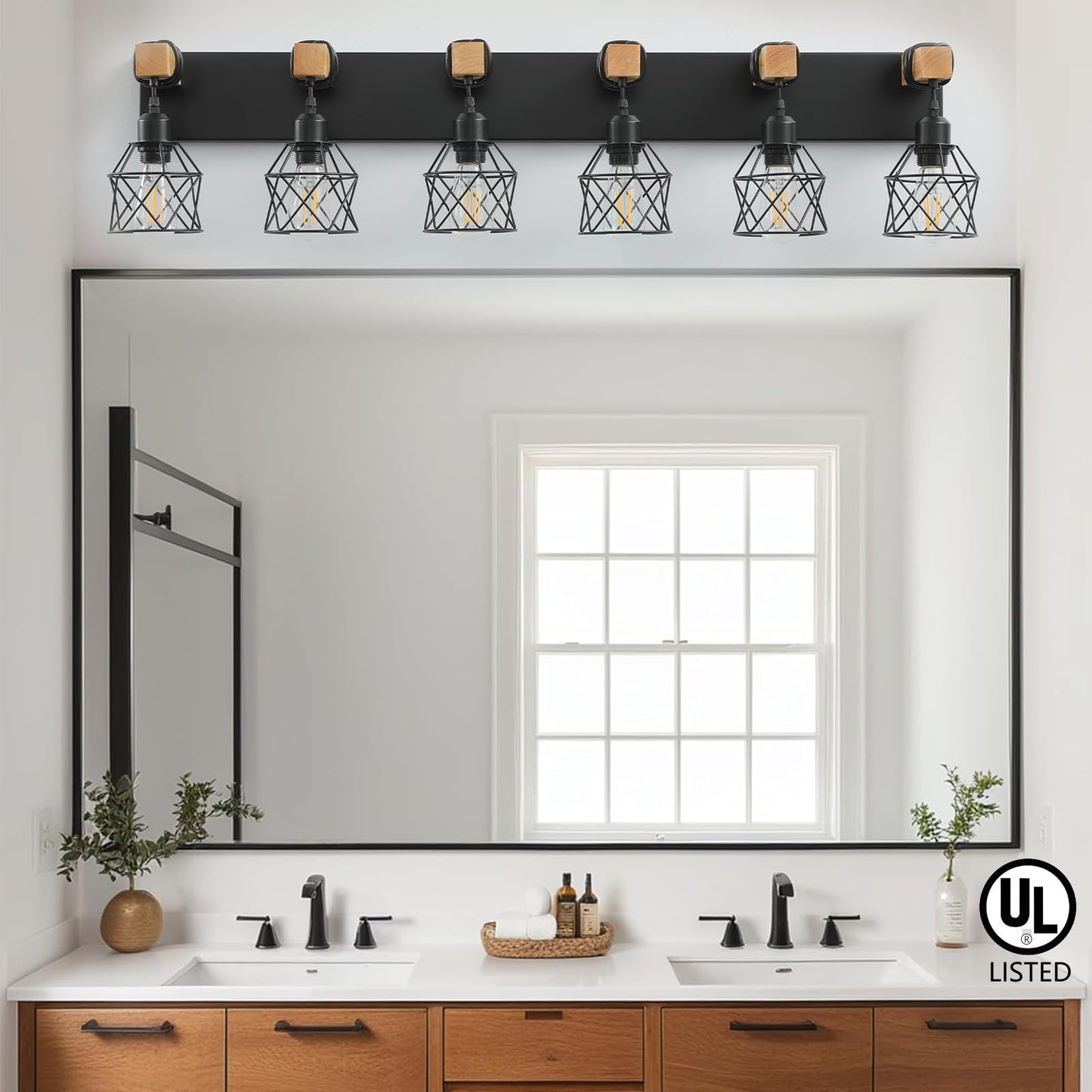Farmhouse Vanity Light Fixture 6-Light Bathroom Lighting Black Industrial Wood Wall Light Over Mirror With Metal Shade Led Bulbs Not Included