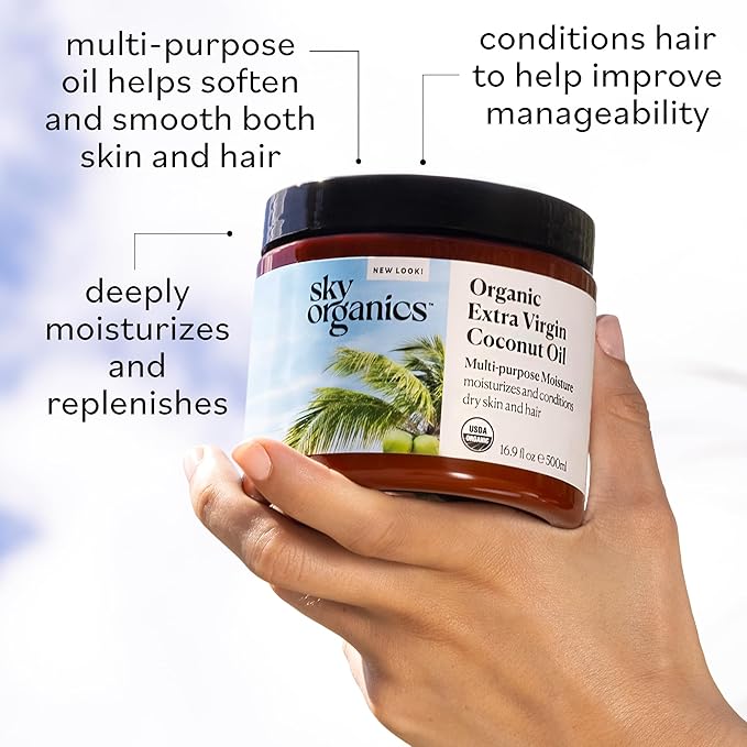 Sky Organics - Organic Coconut Oil for Skin & Hair, 16.9 fl oz - Multipurpose Hair Oil & Body Moisturizer - Vitamins, Antioxidants & Fatty Acids - Vegan, Cruelty Free - Extra Virgin, w ebook