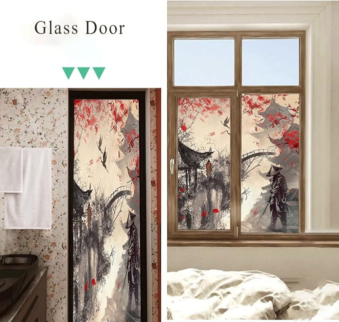 Vintage Japanese Samurai Air Window Film Watercolor Ink Ancient Cherry Blossom Red Sunblackout Window Film,Playroom Window Film 23.6Wx35.4L-Inch X2Pcs