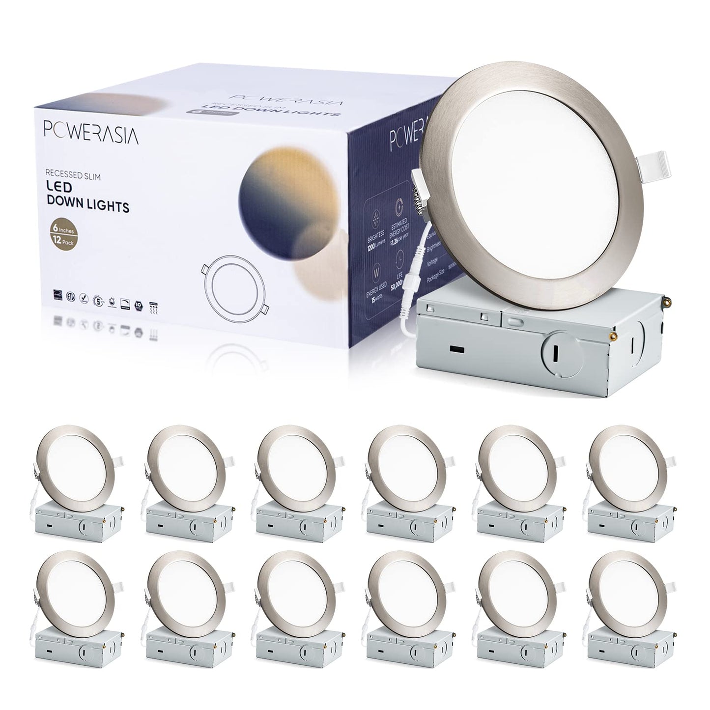POWERASIA 12 Pack Recessed Lighting, 6 Inch Dimmable LED, 5CCT Brushed Nickel, 15W 1200lm, ETL & Energy Star Certified