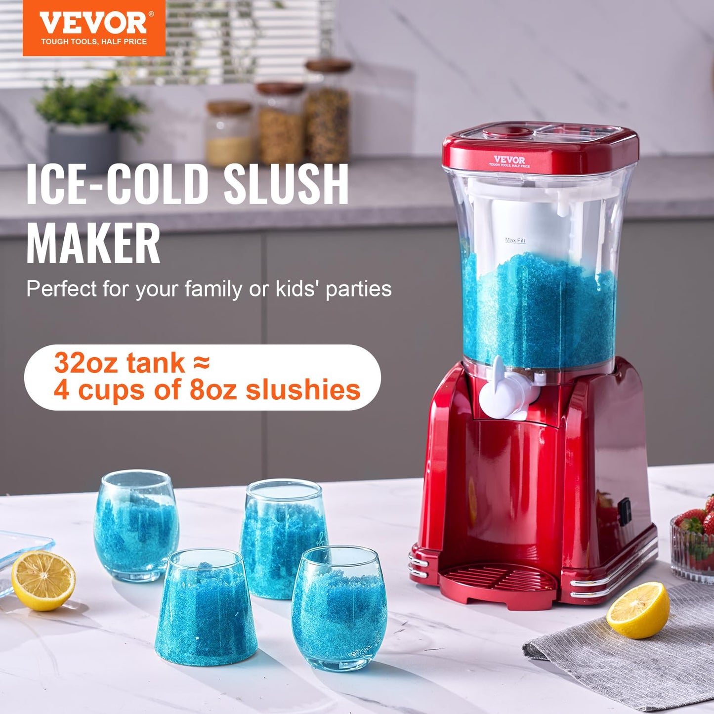 VEVOR Slushie Machine for Home, 32oz Tank Home-use Margarita Machine, Smoothie Frozen Drink Maker with Food-grade Materials, Slushy Machine for Home DIY, Kids' Parties, Red