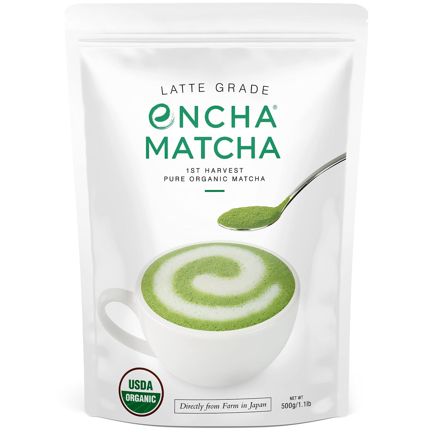 Encha Latte Grade Matcha Powder - First Harvest Organic Unsweetened Matcha Green Tea  From Uji  Japan (500g / 1lb) enhanced Powder for matcha Latte  Smoothie | Caffeine  L-Theanine