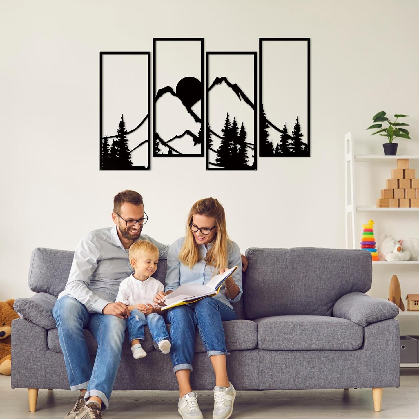 ruelen 4 Pcs Metal Sunset Mountain Forest Wall Decor, Abstract Minimalist Line Drawing Large Mountains Wall Art Home Decor for Living Room Bathroom Bedroom Office Indoor And Outdoor (Black, Large)