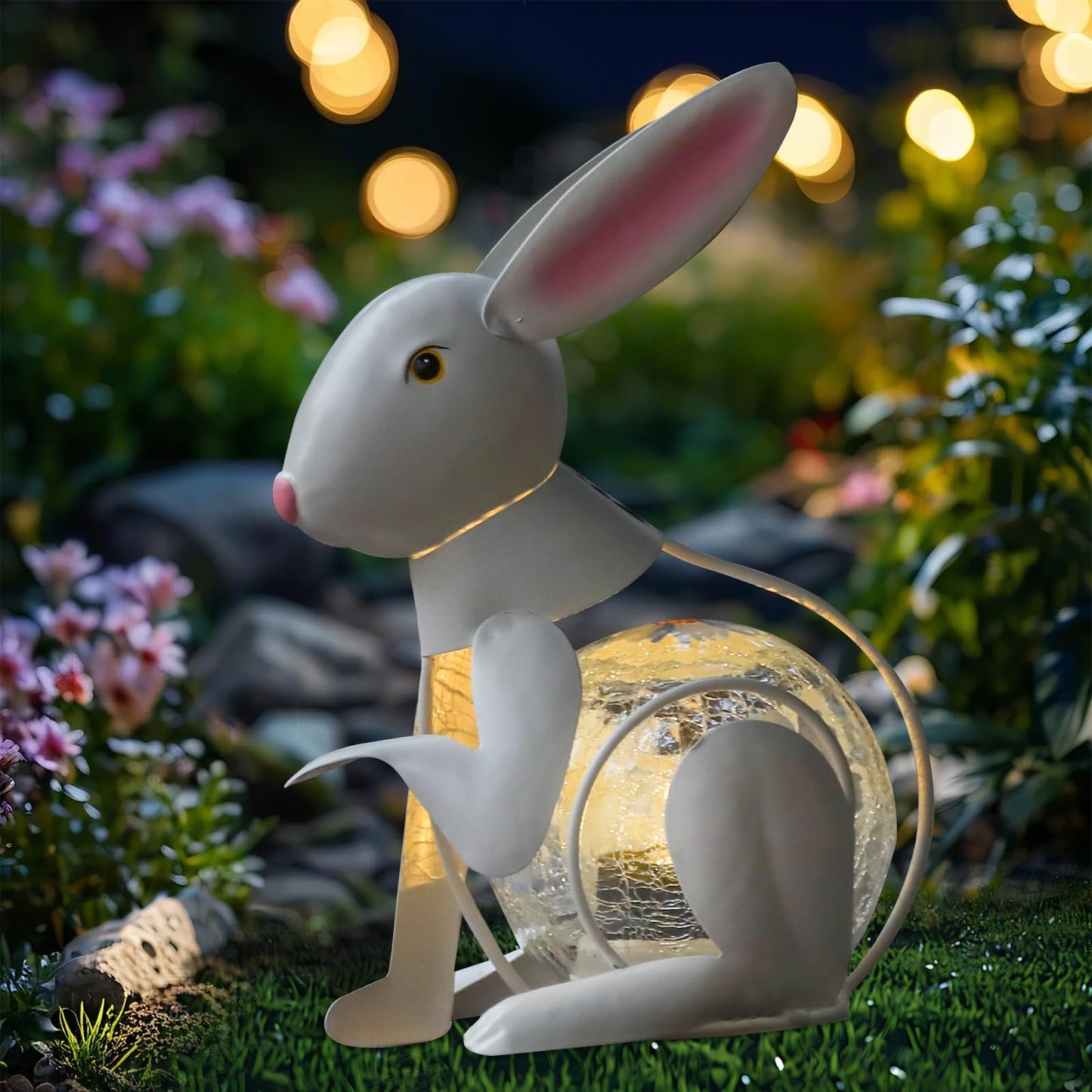MUMTOP Solar Lantern - Waterproof White Metal Rabbit Decorative Light,  ed Glass, Tabletop Lantern for Yard Patio Garden