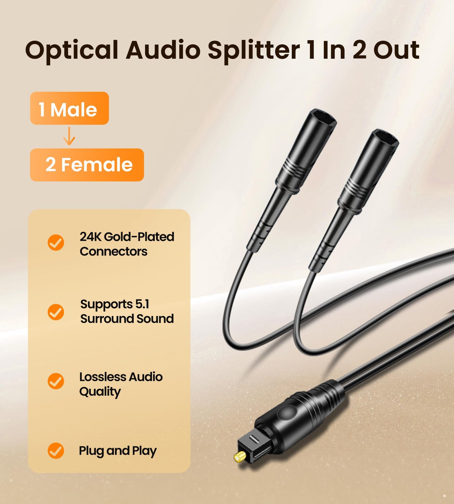avedio links Optical Audio Cable Splitter 1 in 2 Out, Toslink Digital Fiber Audio Splitter 1 Male Input 2 Female Output Support LPCM2.0 Doldy DTS Digital & DTS 5.1CH for Xbox,PS4,TV Box,Sound Bar,etc