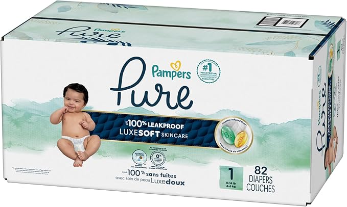Pampers Pure Protection Baby Diapers, Size 1 (8-14 lbs), 82 Count, Up to 100% Leakproof, Premium Plant-based Skin Protection, Hypoallergenic Soft Diapers