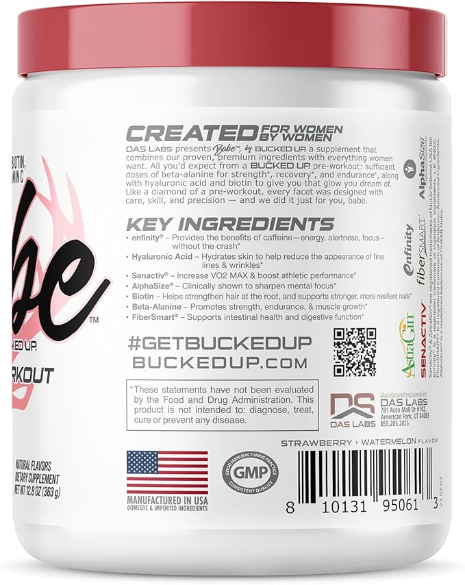Babe Pre Workout powder for Women | Watermelon Splash | 6g Citrulline, 2g Beta-Alanine, 100mg Hyaluronic Acid, 5mg Biotin and 5 other registered trademarked ingredients | 30 servings | 12.8 OZ