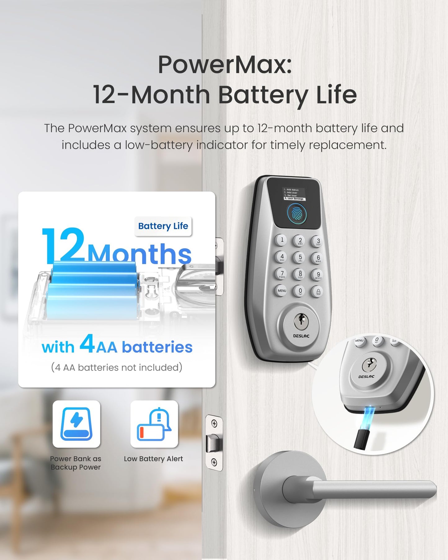 DESLOC C110 Keyless Entry Door Lock with 2 Lever Handles&Smart Screen, Digital Smart Front Door Lock Set, Fingerprint Door Locks, Keypad Deadbolt, Auto-Lock, Backlit Keys, Passage Mode, IP54 Silver