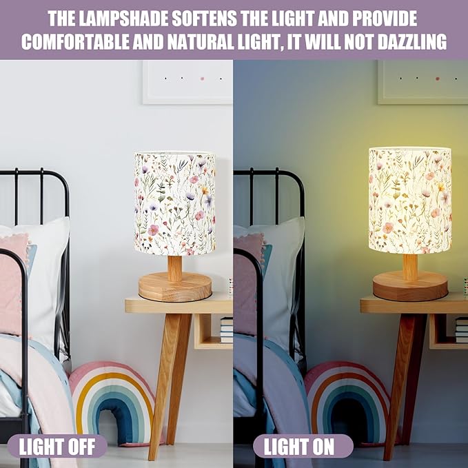 VIHOSE Wildflower Kids Table Lamp for Bedroom Kids Bedside Lamp with Linen Wooden Nightstand Cartoon Nursery Lampshade for Girls Boys Living Room