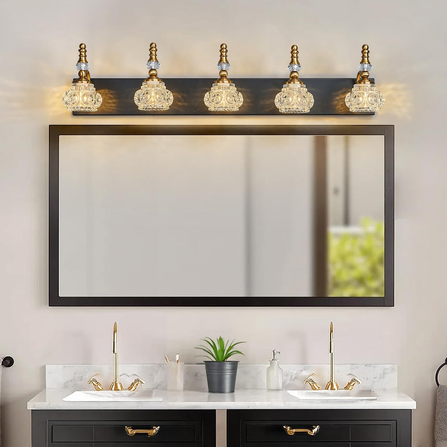 Lbsqj Modern Glass Crystal Vanity Light - Vintage Bathroom Lighting Fixtures Over Mirror  5 Light Vanity Lights G9 Bulb (35.43 Inch  Black Gold)