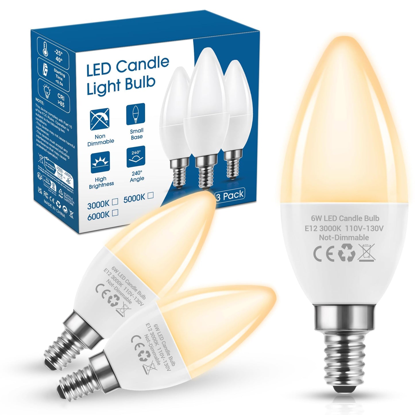 Flaspar E12 Led Bulb 3 Pack, 60W Equivalent, 2700K Soft White, 600 Lumens, Non-Dimmable B11 Candle Light For Chandelier