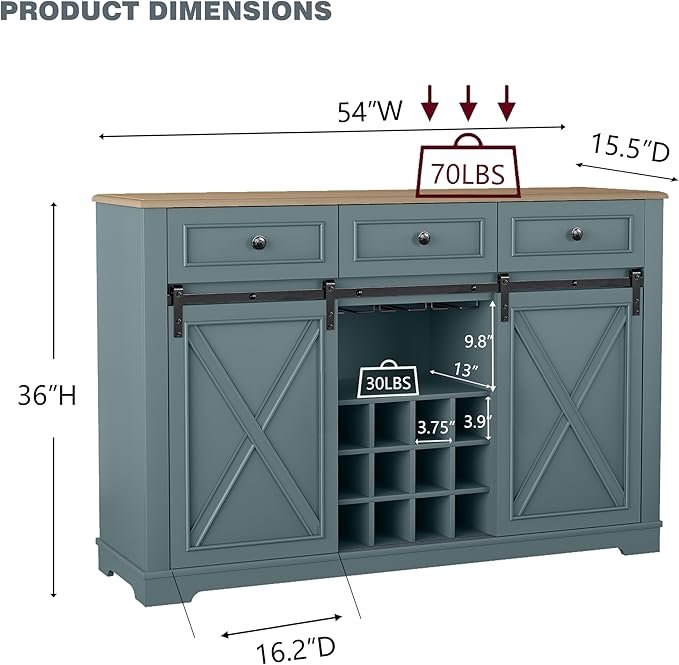 Contemporary Wine Bar Cabinet with Storage, Liquor Cabinet with Rack for Inside Cabinet, Coffee Bar Cabinet with Sliding Barn Door, Buffet Table for Kitchen, Living Room, 54 Inch (Dawn Blue)