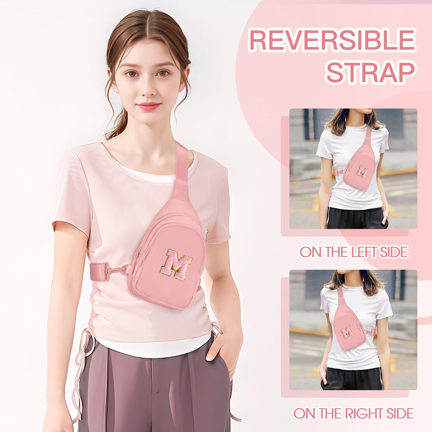 Viverte Gifts for Teen Girls 9-16 Year Olds - Personalized Preppy Initial Sling Bag (Light Pink-M)