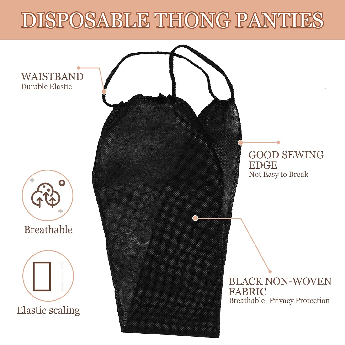 Geyoga 100 Pcs Disposable Thong Panties for Women, Nonwoven Disposable Underwear for Spa Spray Tanning Individually Pack Black