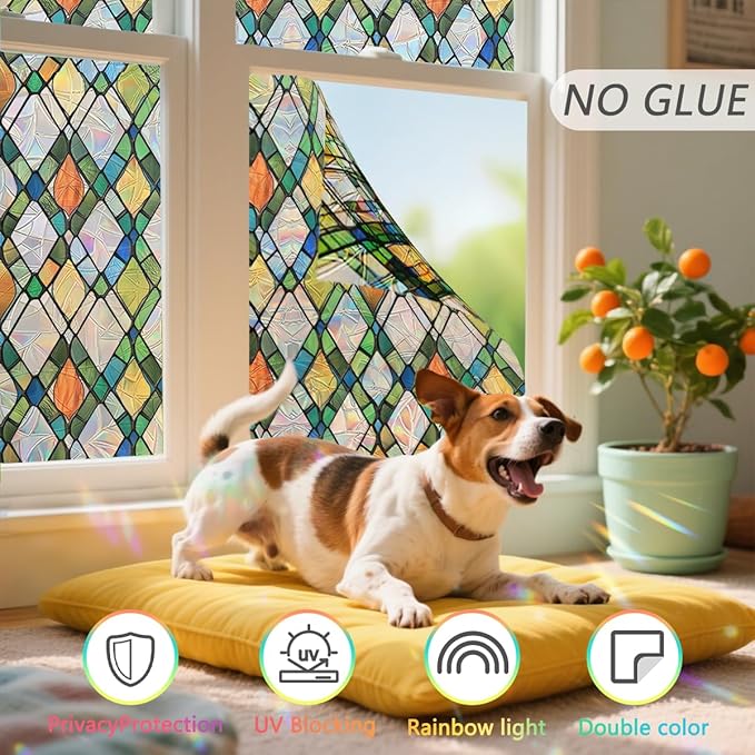 Lattice Stained Glass Window Film Static Cling with Tools - 17.5 x 78.7 Inch Non-Adhesive Privacy Decorative Rainbow Film for Windows, Doors, Sidelights - Easy Install & Remove