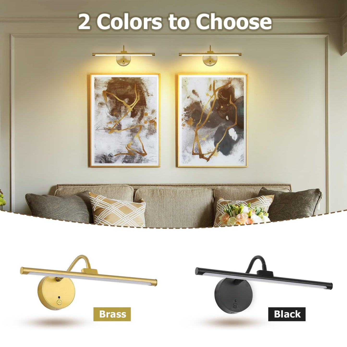 Picture Lights For Wall - Wireless Rechargeable Led Light With Remote  Adjustable Arm  Gold Battery Operated Display Lighting For discomfort-reducingtings  Bedroom  Gallery Wall D?Cor (Gold  12.6 Inch - 2Pack)