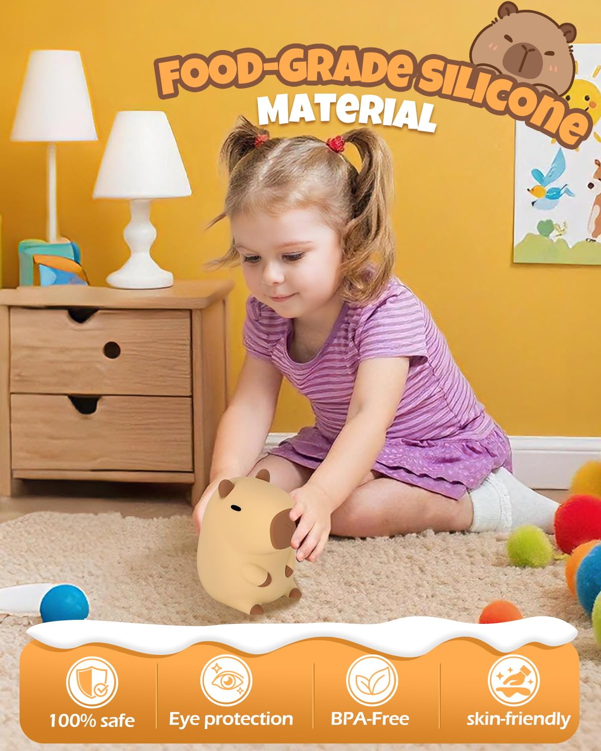Cute Capybara Night Light  Animal Lamp  Food Grade Silicone  Rechargeable  2 Level Dimmable  Squishy Nursery Nightlight For Desk Decor  Funny Gifts Stuff For Boys Girls Baby  White Elephant Gifts
