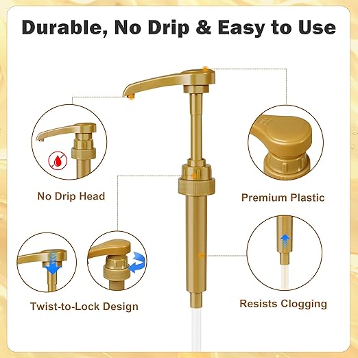 Coffee Syrup Pump for 750 ml Bottle – 4 Pack Syrup Dispenser Pumps Compatible with Torani, Skinny, Davinci – No Clog, Precise Dispensing, Includes 4 Tip Covers – for Coffee Bar, Kitchen, Gold