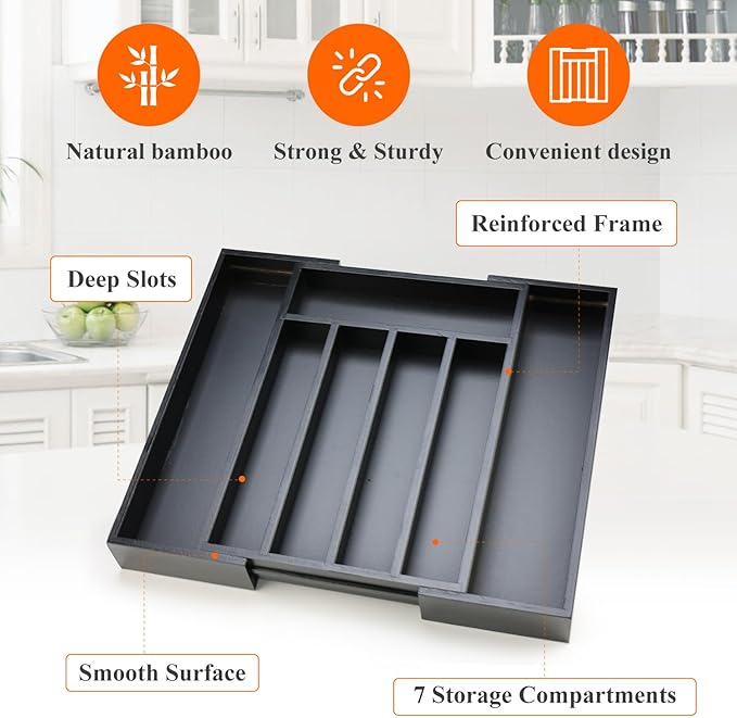 Expandable Bamboo Kitchen Drawer Organizer Utensil Tray Black Wood Silverware Organizer Adjustable Wooden Cutlery Tray for Fork Spoon Organizer Large Cooking Utensil Holder Drawer Flatware Organizer