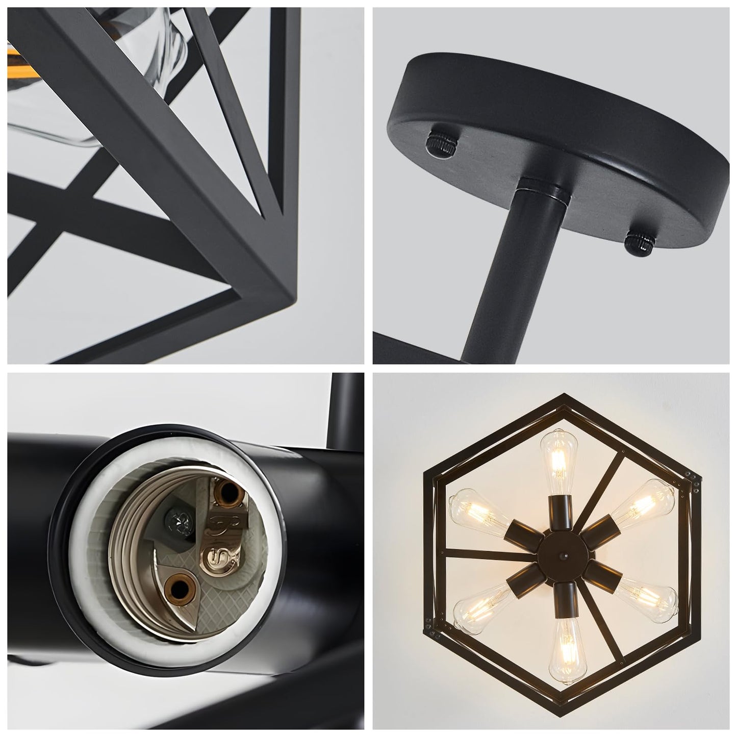 Oteedo Modern Semi Flush Mount Ceiling Light 19.7 6-Light Hexagon Flush Mount Ceiling Lights For Dining Room Light Fixture Farmhouse Black Metal Kitchen Island Lighting Fixtures For Hallway Bathroom