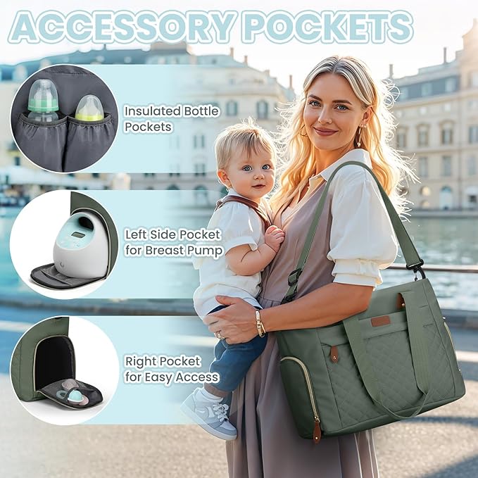 Diaper Bag Tote for Working Mom, Large Travel Diaper Tote for Mom and Dad with 14 Inch Laptop Sleeve, Mommy Maternity Travel Baby Bag for Boys and Girls, Green